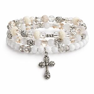 White Beaded Cross Charm Stack Bracelet Set